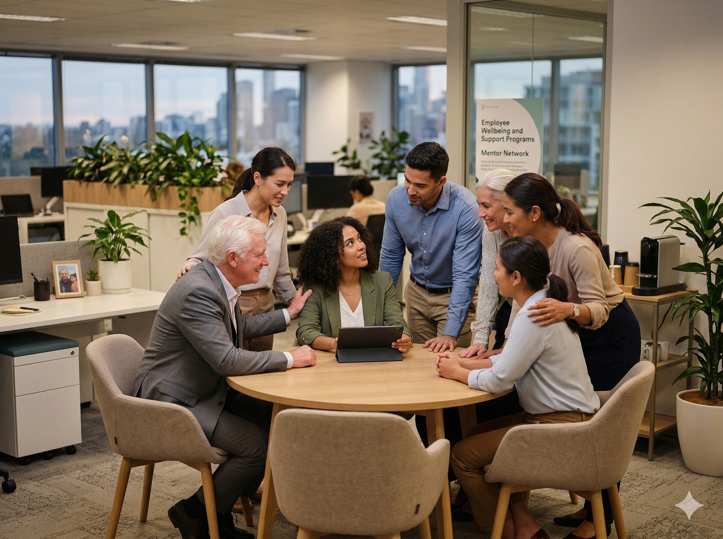 Group of people gathered at a round table in an office setting